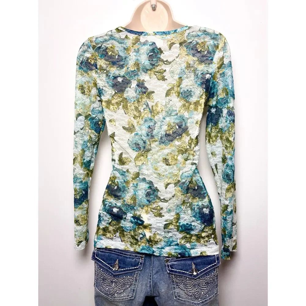 Vintage Y2K Mudd Fairycore Longsleeve Fitted Top Allover Lace Floral Watercolor - Picture 4 of 5